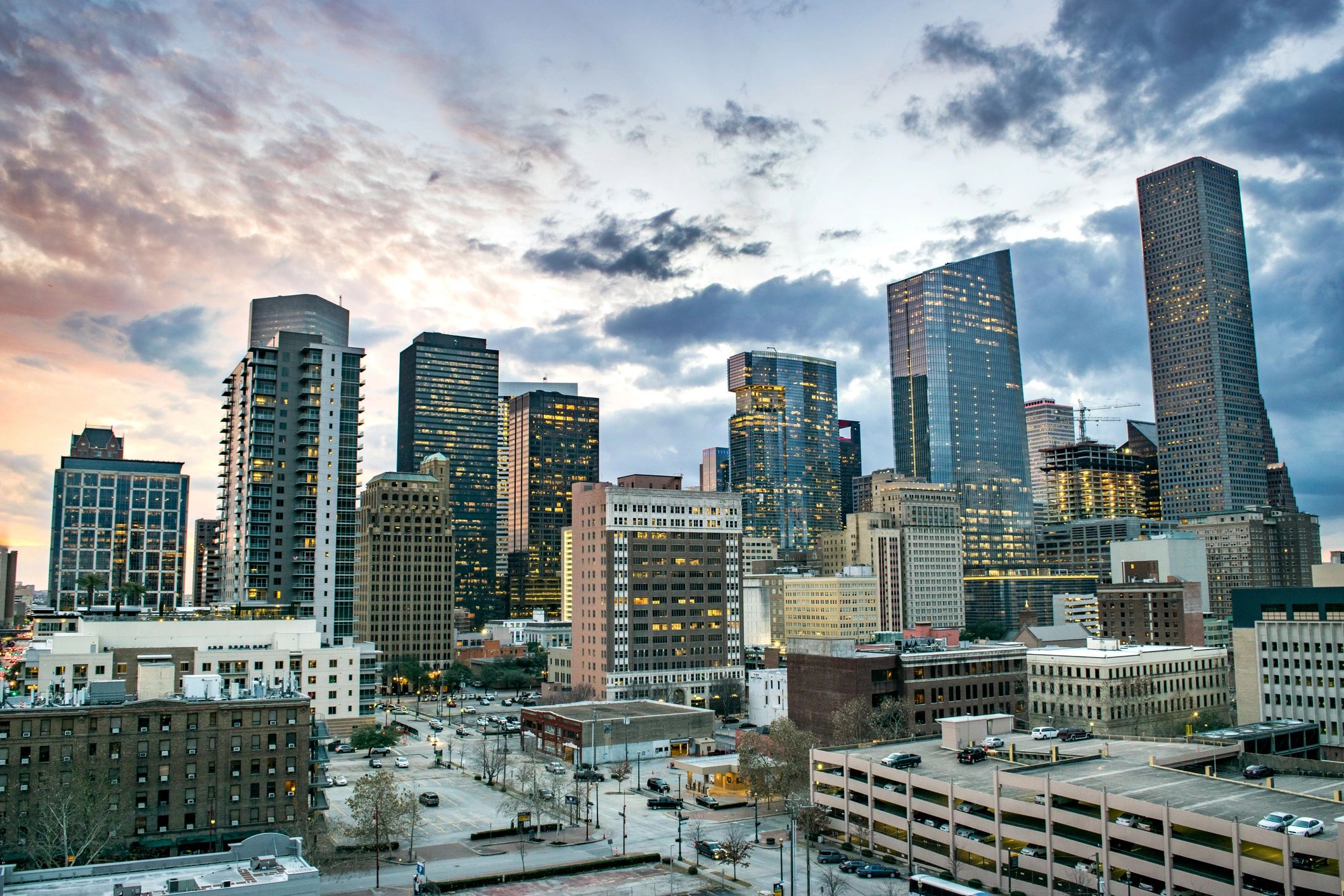 Aerial view of downtown Houston at dusk