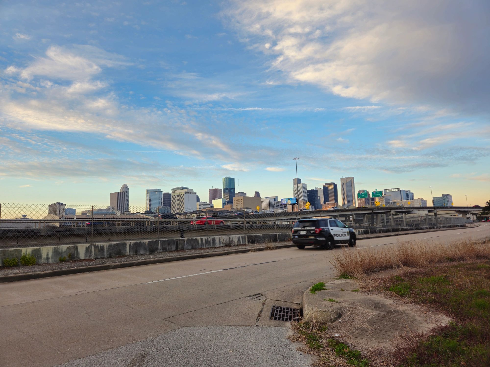Downtown Houston skyline with city street foreground